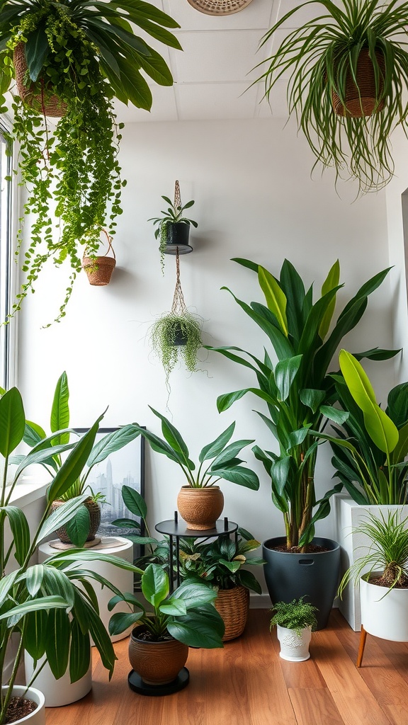 A bright indoor space filled with various indoor plants in stylish pots.