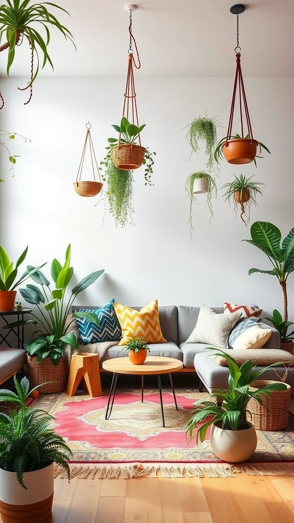 A modern boho living room with various indoor plants, including hanging and potted plants, colorful cushions, and a stylish rug.