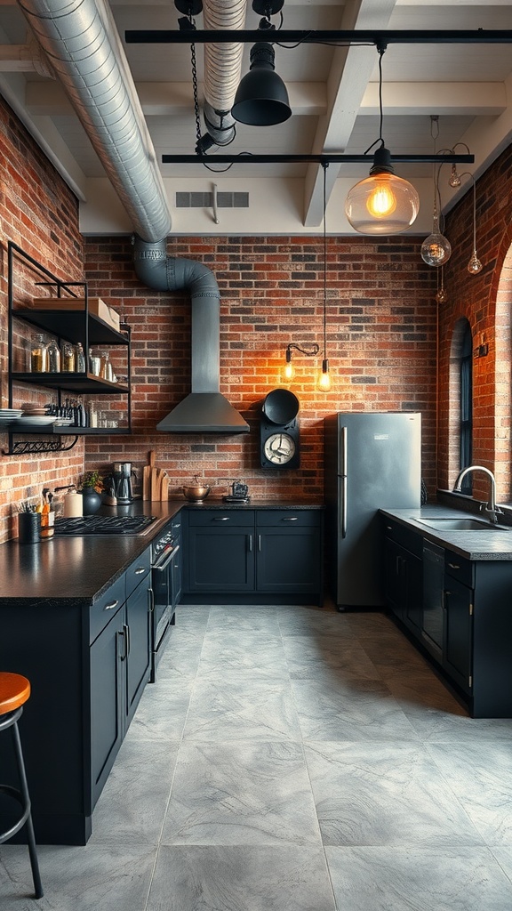 A modern kitchen featuring industrial black elements with brick walls and stylish lighting.