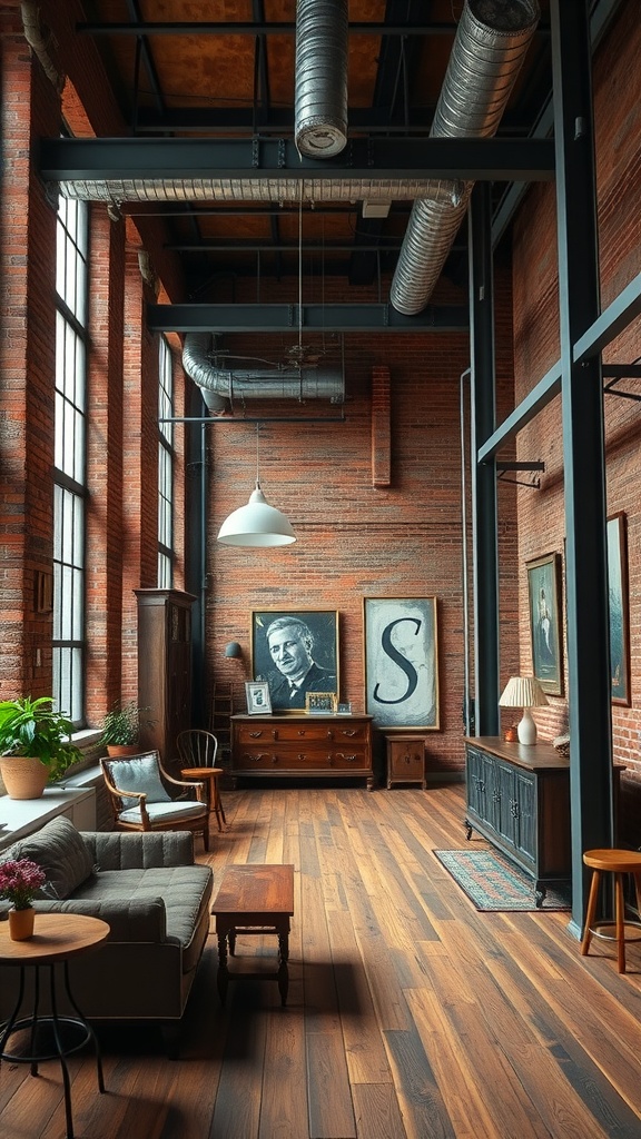 A stylish industrial chic apartment featuring exposed brick walls, metal accents, and wooden furniture.