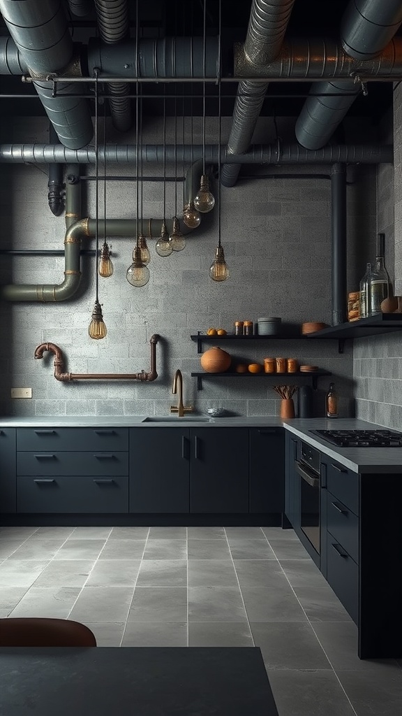 A modern industrial kitchen with dark cabinetry, exposed pipes, and warm pendant lighting.