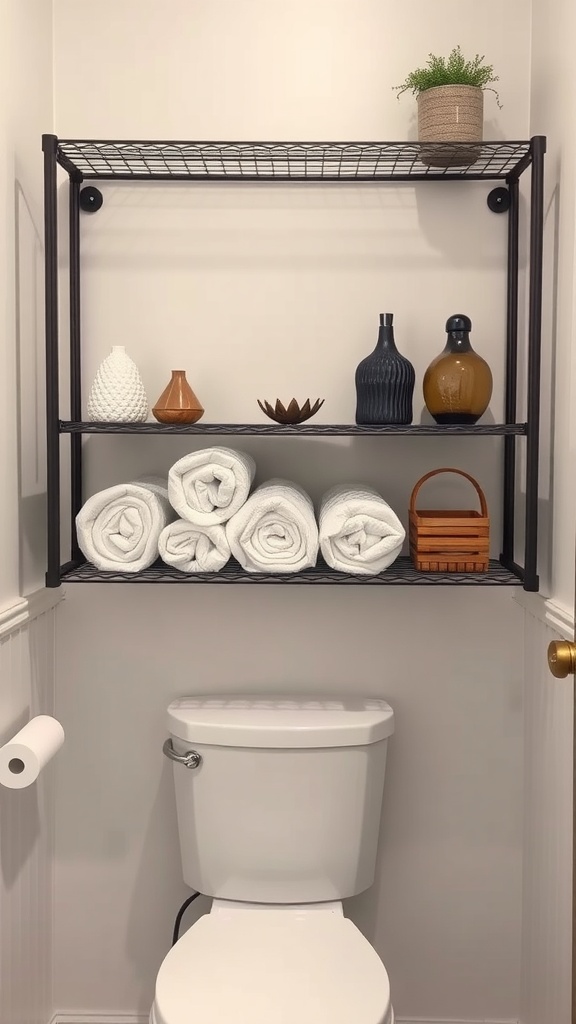 Industrial metal shelving over a toilet with rolled towels and decorative items