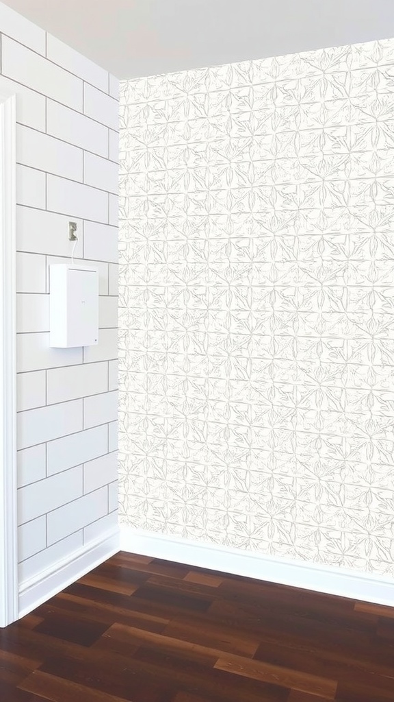 A stylish interior featuring a combination of white subway tiles and patterned wallpaper on the walls.