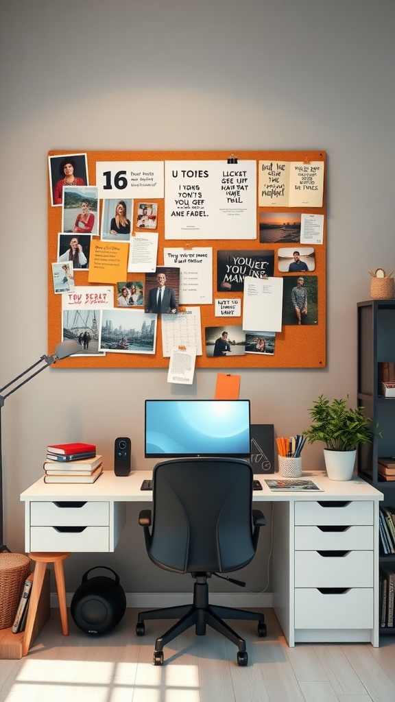 A desk with an inspiration board filled with quotes and photos, featuring a computer and organized items.