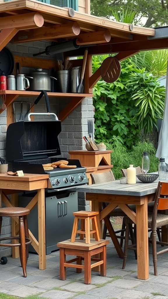 A cozy barbecue station in a backyard with a grill, wooden furniture, and a lush green backdrop.