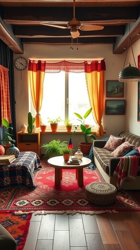 A cozy living room with Bohemian eclectic design, featuring colorful curtains, plants, and patterned rugs.