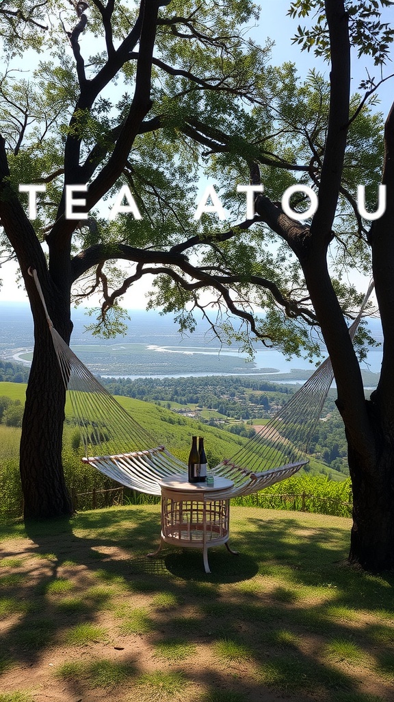 A hammock between two trees with a small table holding drinks, overlooking a scenic landscape.