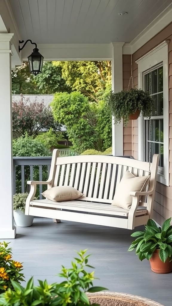 17 Cozy Cottage Exterior Ideas For Inviting Curb Appeal 20 Cozy porch swing with soft cushions and surrounding greenery