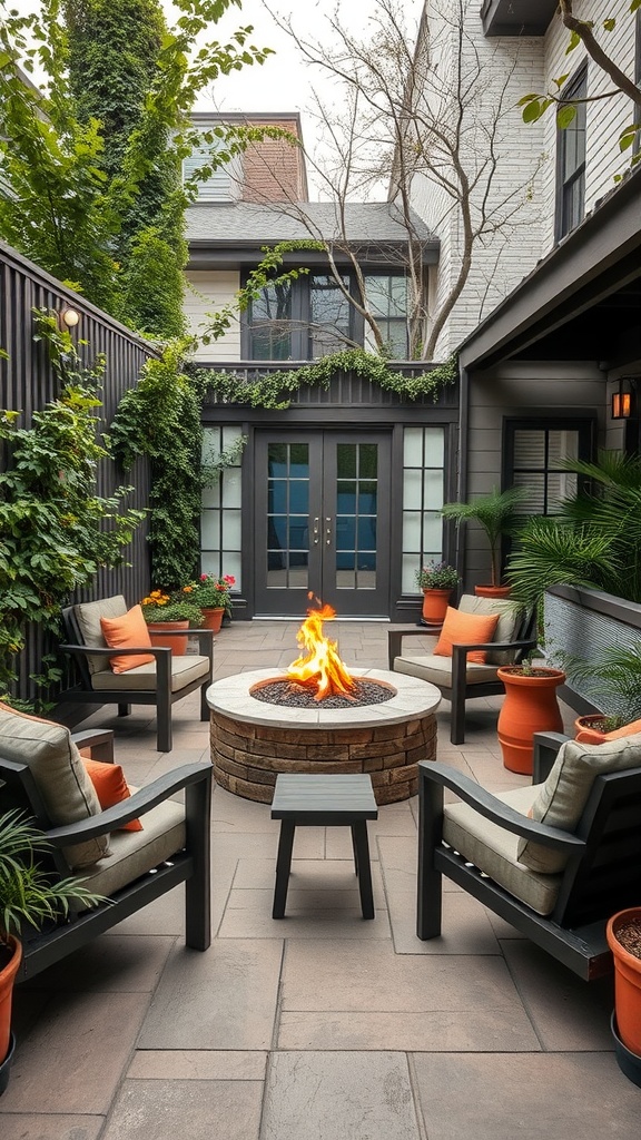 Cozy outdoor seating area with a fire pit surrounded by chairs and potted plants.