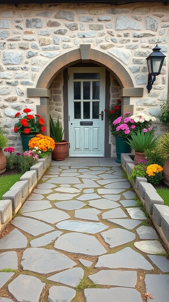17 Cozy Cottage Exterior Ideas For Inviting Curb Appeal 25 A cozy cottage pathway lined with colorful flowers and stone borders leading to a welcoming door.