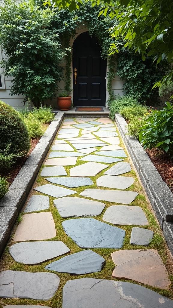 A stone walkway leading to a black door, surrounded by lush greenery.