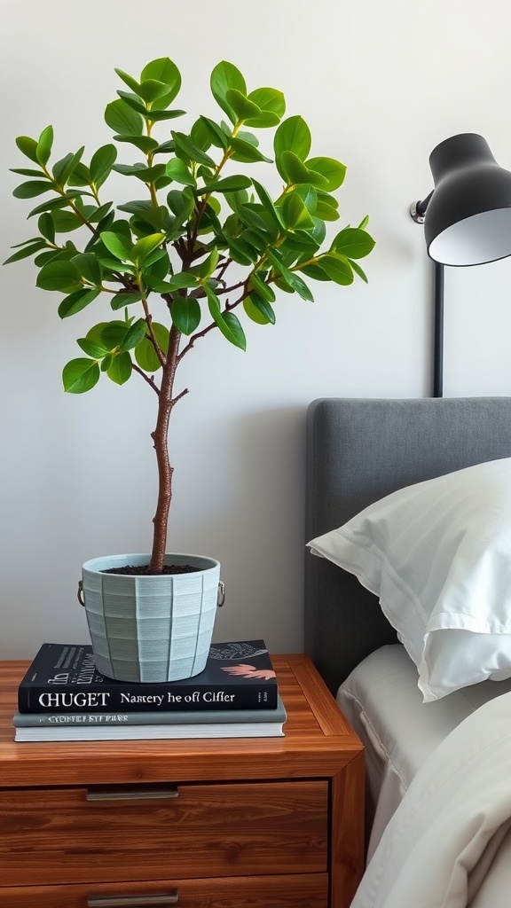 A jade plant in a light pot sitting atop a stack of books on a wooden nightstand beside a bed.