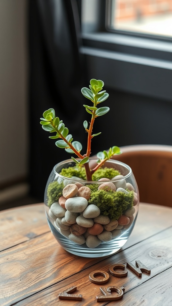 A jade plant in a glass terrarium filled with stones and moss, placed on a wooden table.