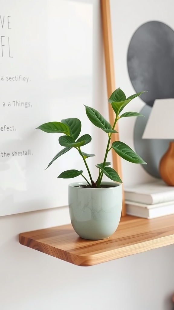 A jade plant in a light blue pot on a wooden shelf, surrounded by books and a lamp, with modern art in the background.