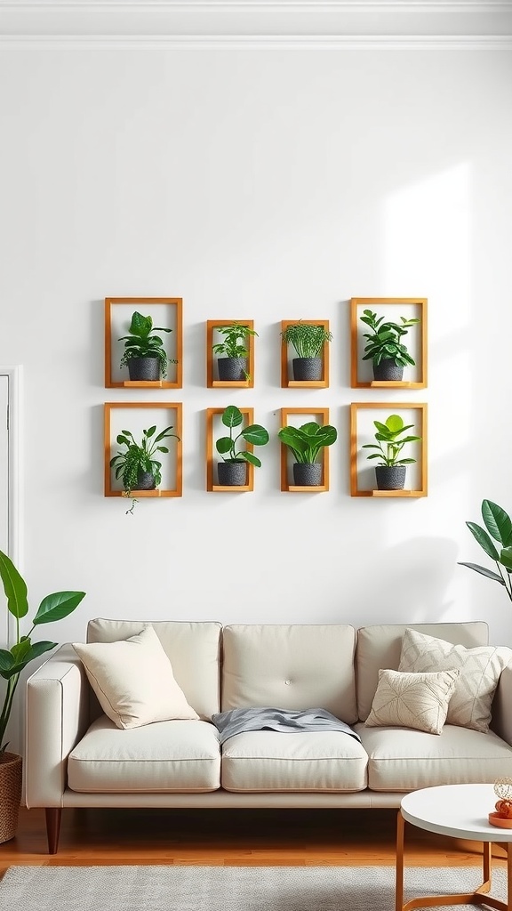 A stylish arrangement of jade plants in wooden frames on a white wall, complemented by a cozy sofa.