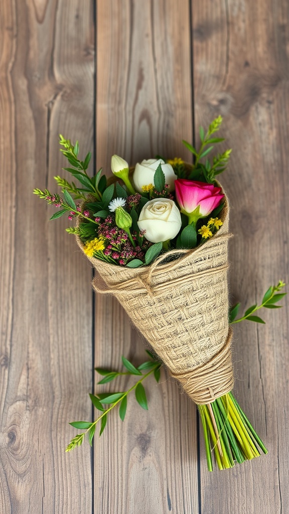 A bouquet wrapped in jute with greenery placed on a wooden surface.