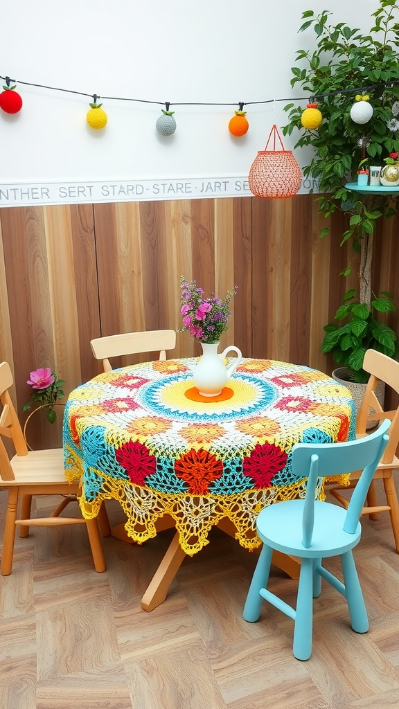 Colorful crochet tablecloth on a round table with a pitcher and flowers.