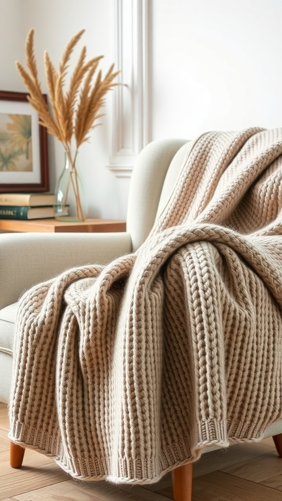 A knitted throw blanket draped over a chair in a cozy setting.