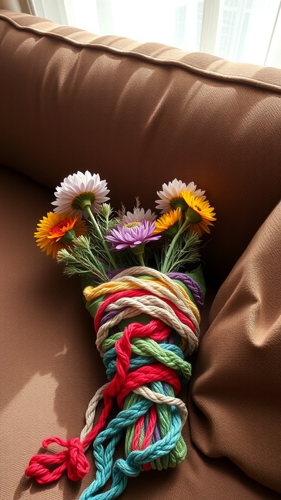 A vibrant bouquet wrapped in colorful knotted yarn, featuring dried flowers.