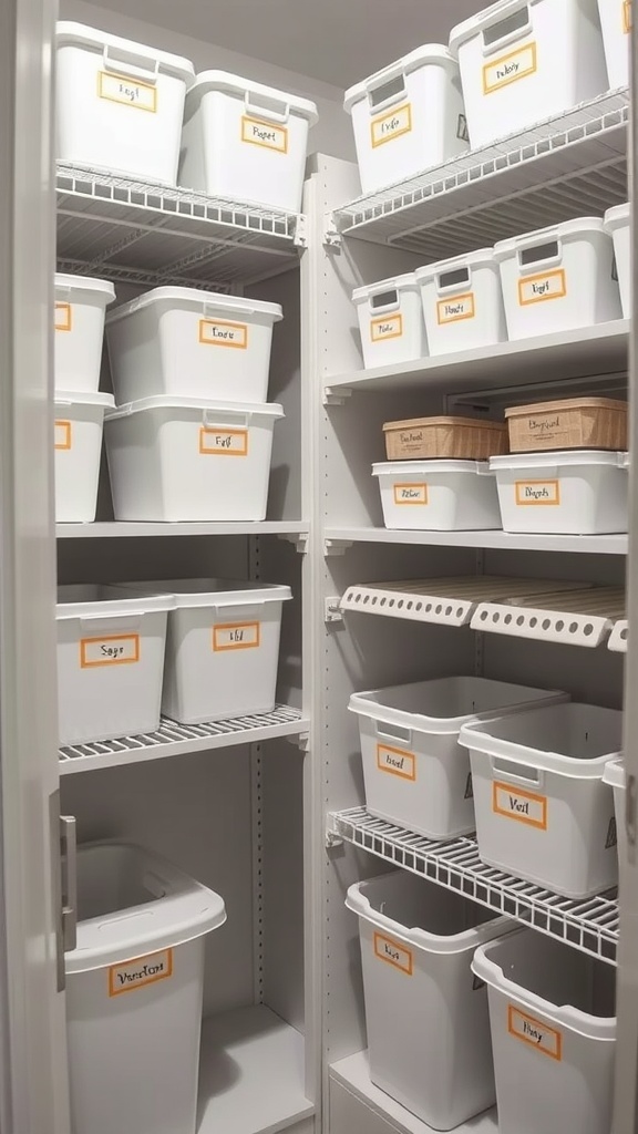 Organized linen closet with labeled storage bins.