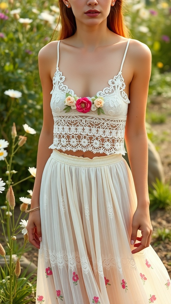 A model wearing a lacy crochet bralette paired with a flowy midi skirt, surrounded by flowers.