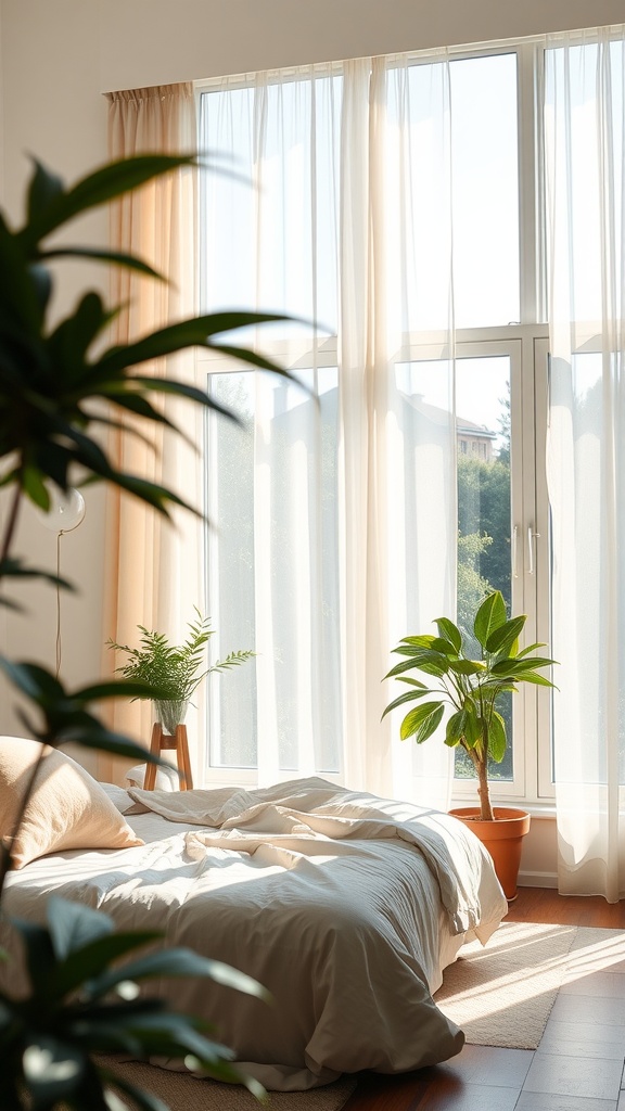 A bright bedroom with large windows, soft curtains, and indoor plants