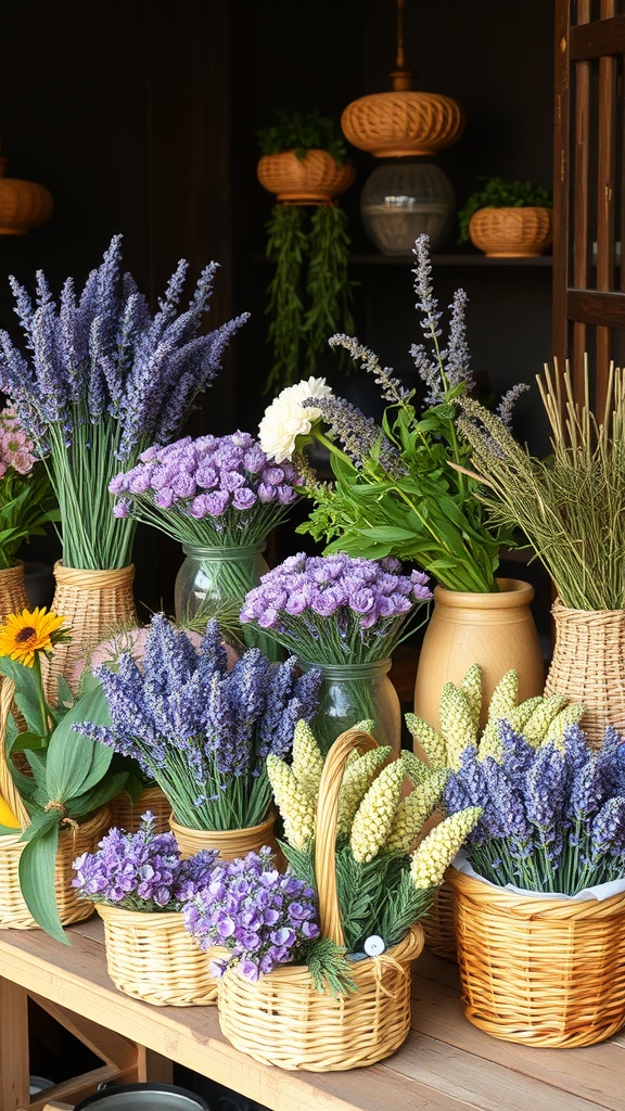 A stunning display of lavender and herbs in woven baskets, showcasing a variety of colors and textures.