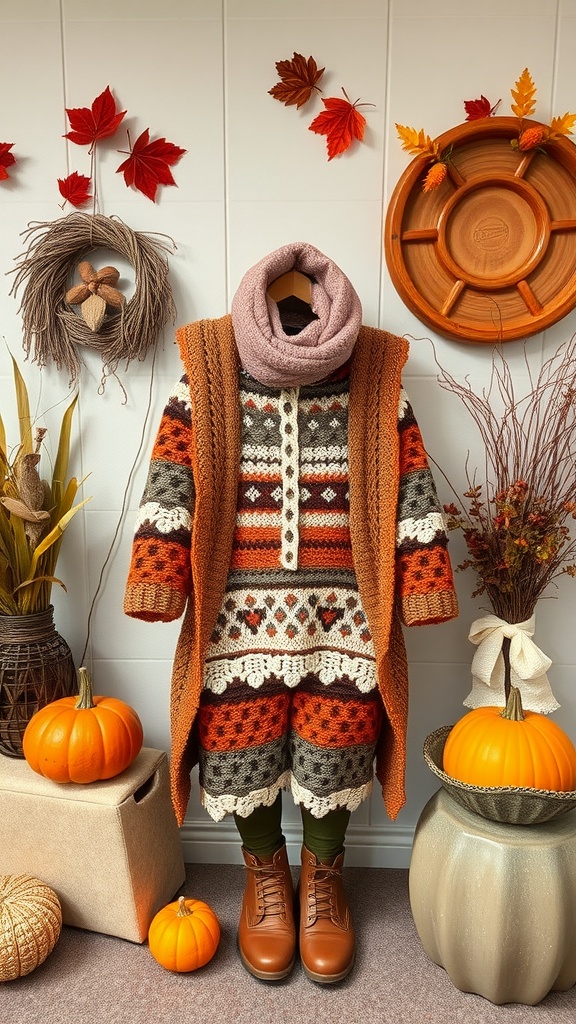 Layered crochet outfit featuring a colorful sweater and shorts, complemented by a long cardigan and scarf, with pumpkins and autumn leaves in the background.