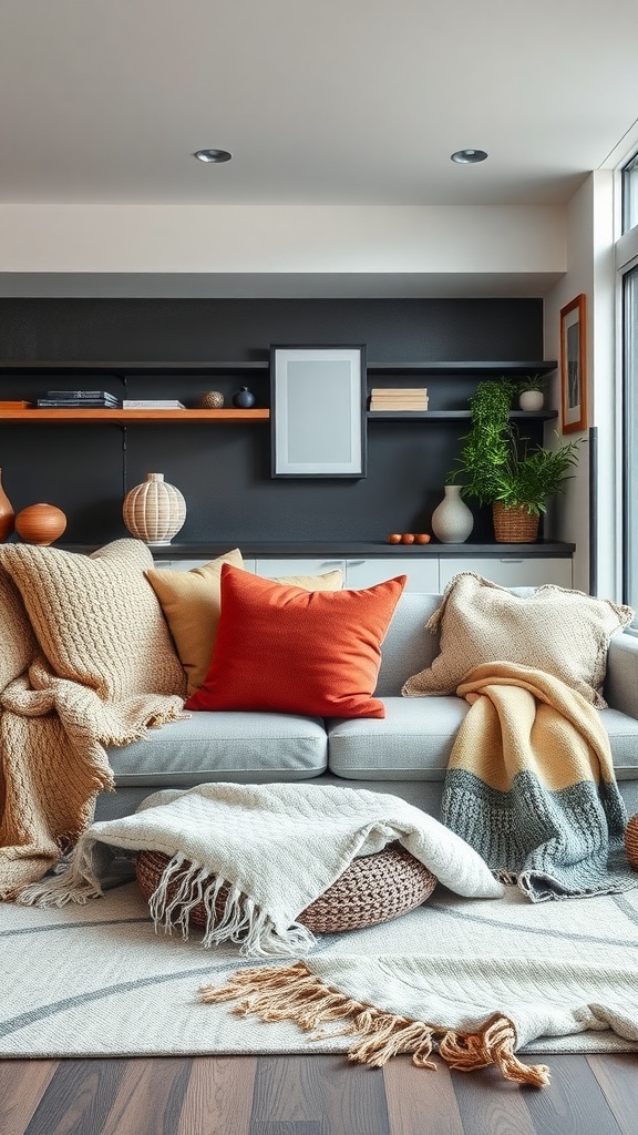 A cozy living room featuring a layered textile arrangement with a grey sofa, colorful pillows, and warm throws.