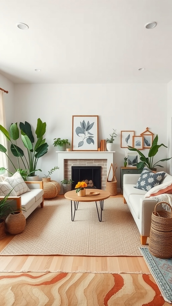 A living room featuring layered rugs, plants, and natural textures.