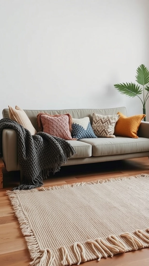 A cozy living room featuring a sofa with colorful pillows and a knitted throw blanket, accompanied by a fringed rug.