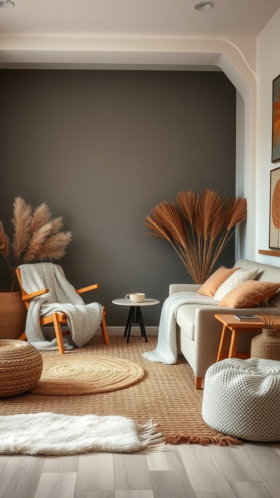 Cozy living room with layered textures, including woven rugs, soft throws, and natural decor.