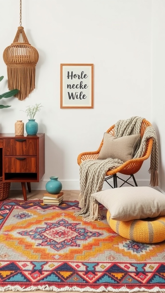 A cozy boho office corner with a colorful rug, cushions, a throw, and a stylish chair.