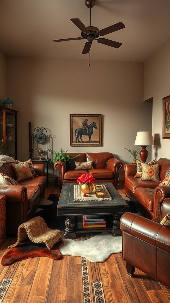 A cozy living room featuring leather furniture and cowhide accents.