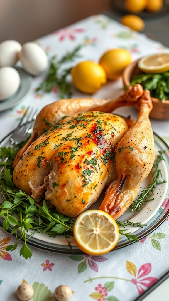 7 Delicious Easter Recipes You’Ll Want To Make 8 A whole lemon herb roasted chicken garnished with fresh herbs and lemon slices.