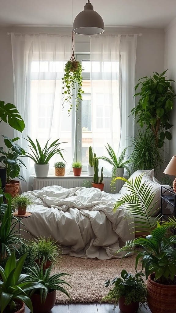 Cozy bedroom filled with various live plants, featuring a bed with rumpled sheets, a soft rug, and sunlight filtering through sheer curtains.