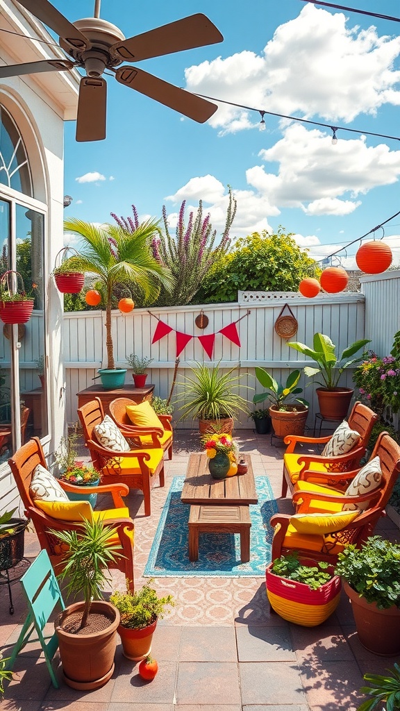 A lively outdoor patio featuring bright yellow chairs, colorful plants, and a cozy table.