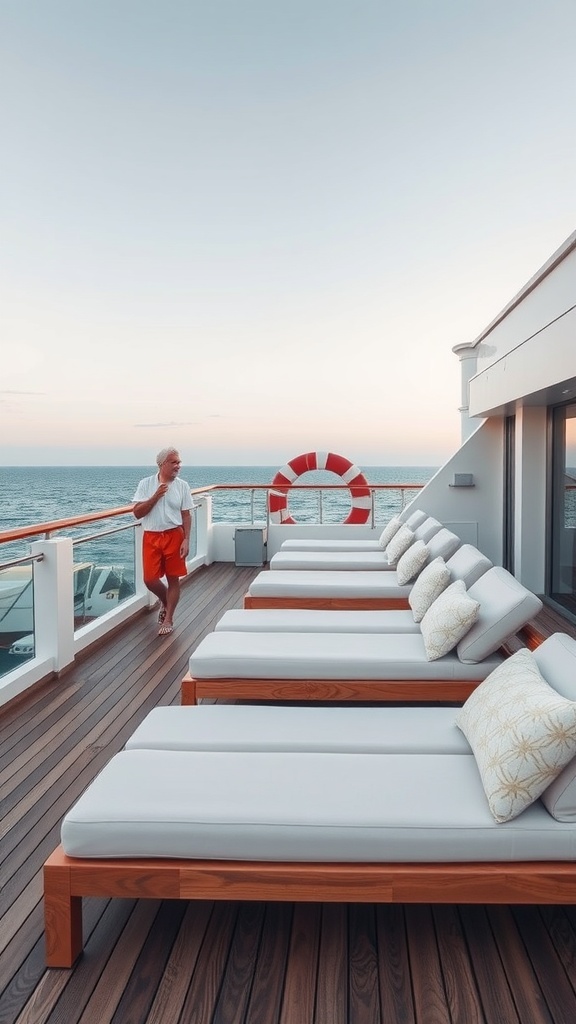 Lounge beds on a deck overlooking the ocean, perfect for sunbathing
