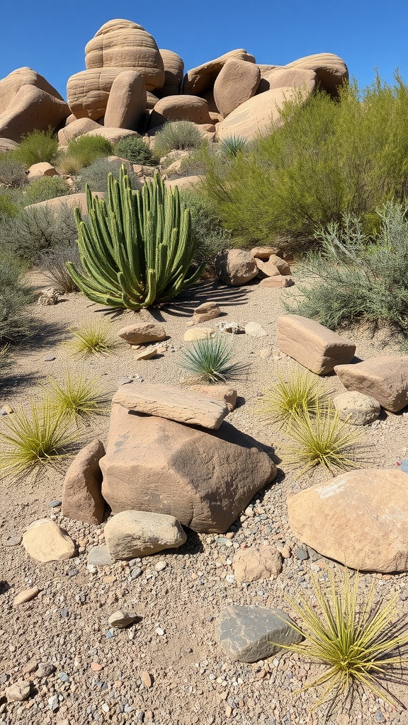 A low-maintenance xeriscape garden featuring rocks, cacti, and native plants.