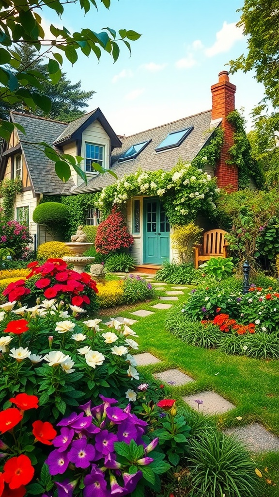 17 Cozy Cottage Exterior Ideas For Inviting Curb Appeal 24 A cozy cottage with a colorful garden featuring red and white flowers and a pathway leading to the entrance.