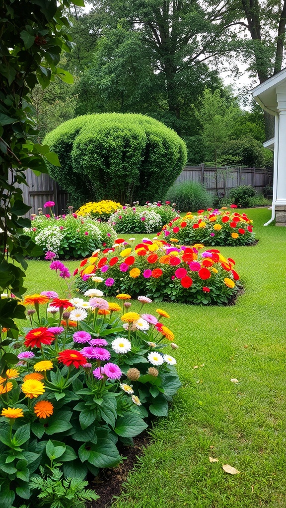 A vibrant garden filled with colorful flowers and lush greenery.
