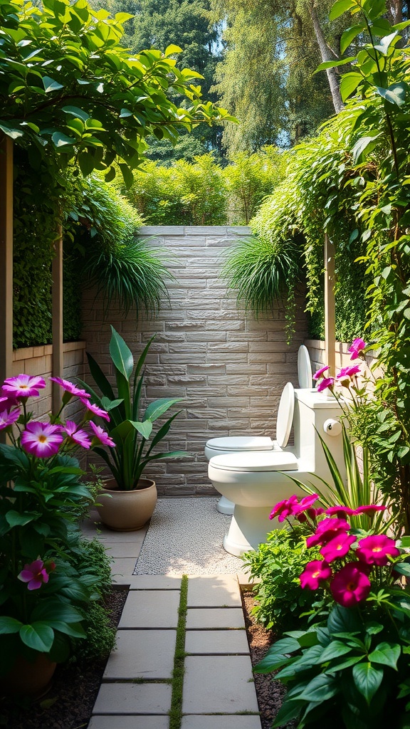 An outdoor bathroom surrounded by lush greenery and colorful flowers, showcasing a pathway leading to the toilet.