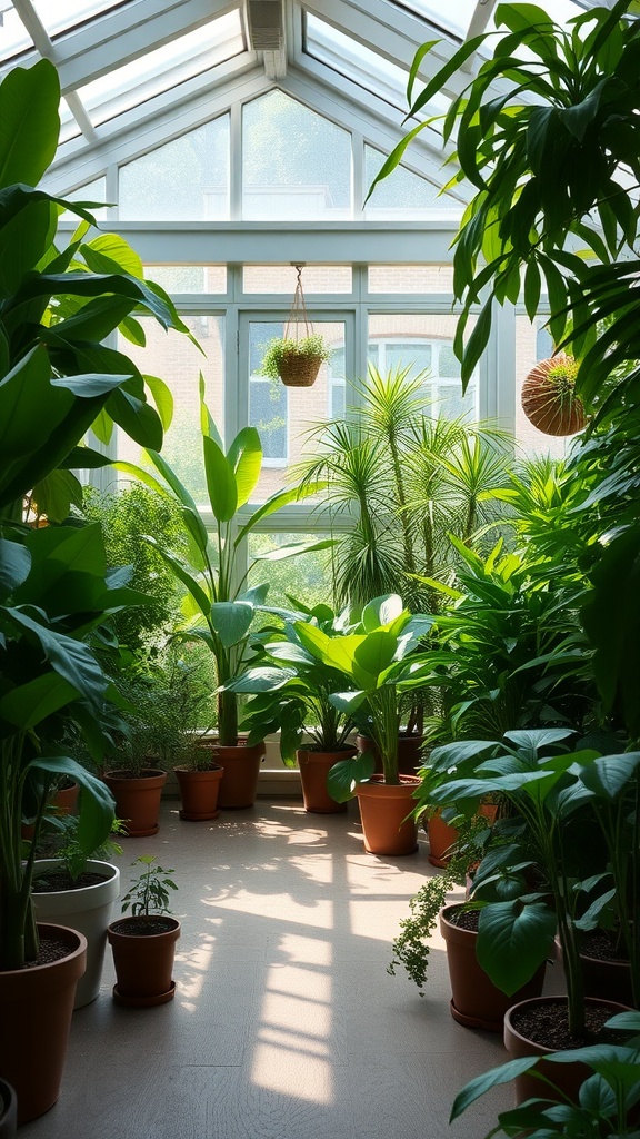 Indoor garden space filled with various potted plants and generous sunlight