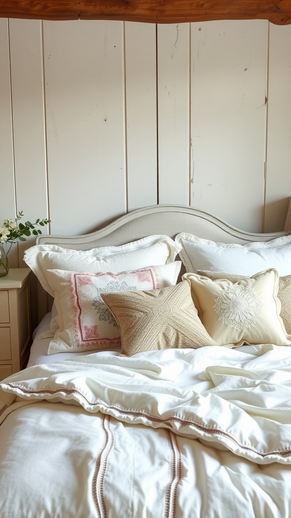 A cozy French cottage bedroom featuring a beautifully layered bed with decorative pillows and a softly draped duvet.