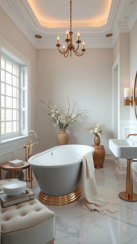 Luxurious bathroom with a freestanding bathtub, elegant lighting, and natural decor.