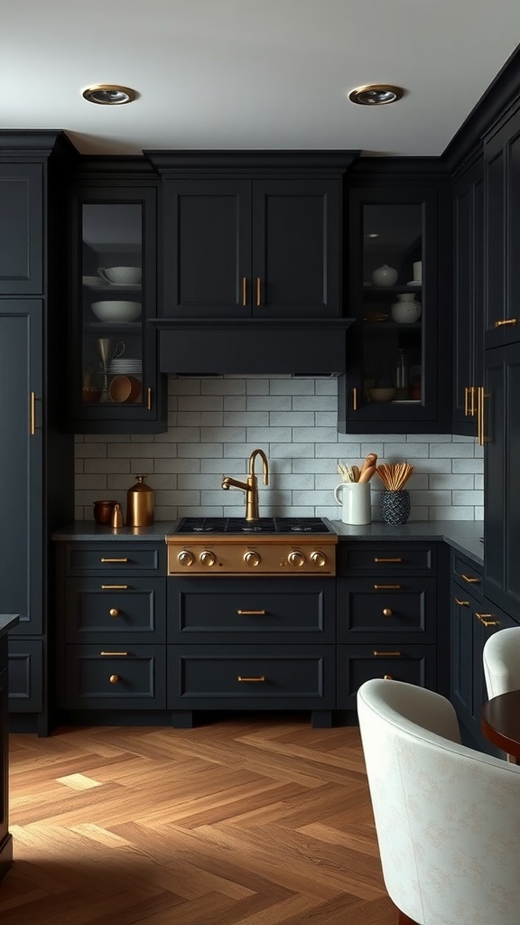 A modern kitchen with dark cabinetry and luxurious gold accents, highlighting a stylish stove and elegant decor.