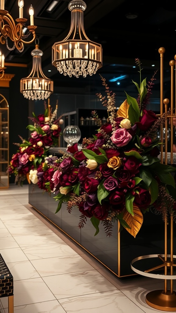 A luxurious bloom bar featuring gold accents and rich floral arrangements.