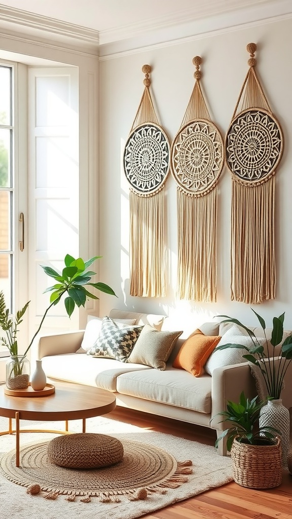 A modern boho living room featuring macrame wall hangings, a cozy sofa, and plants.