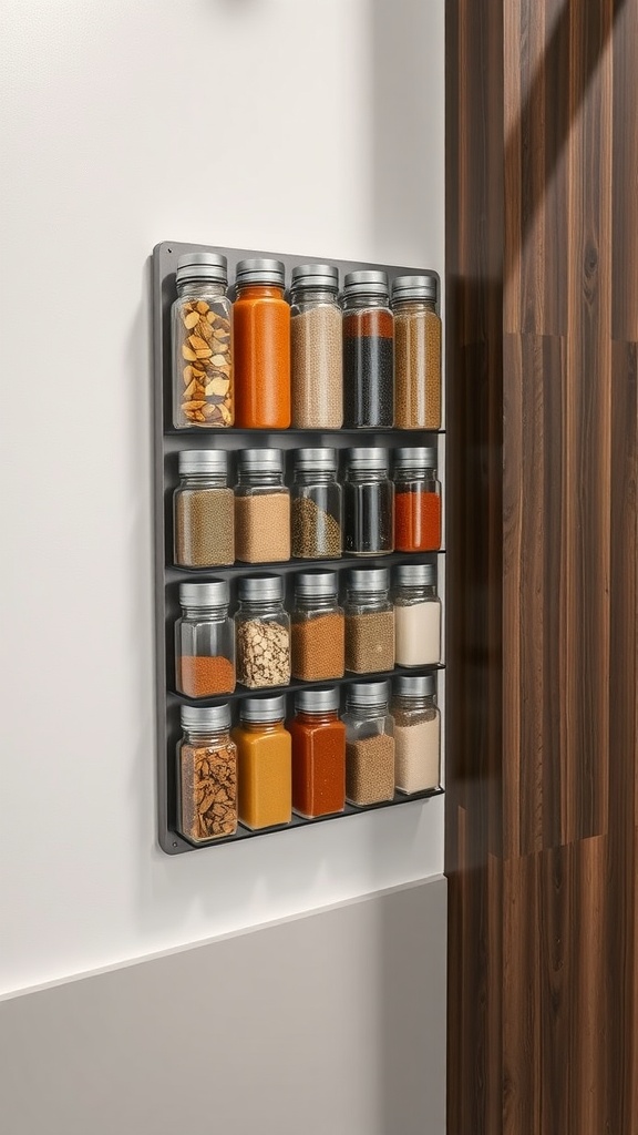 Magnetic spice rack with various spices in jars mounted on a wall.