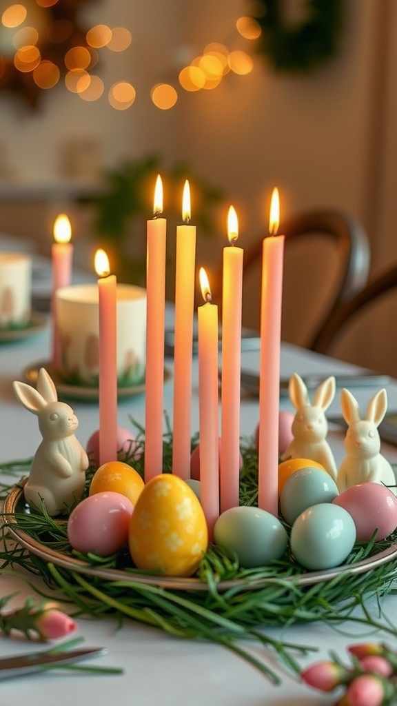 Decorative Easter candle centerpiece with pastel candles, colorful eggs, and bunny figurines.